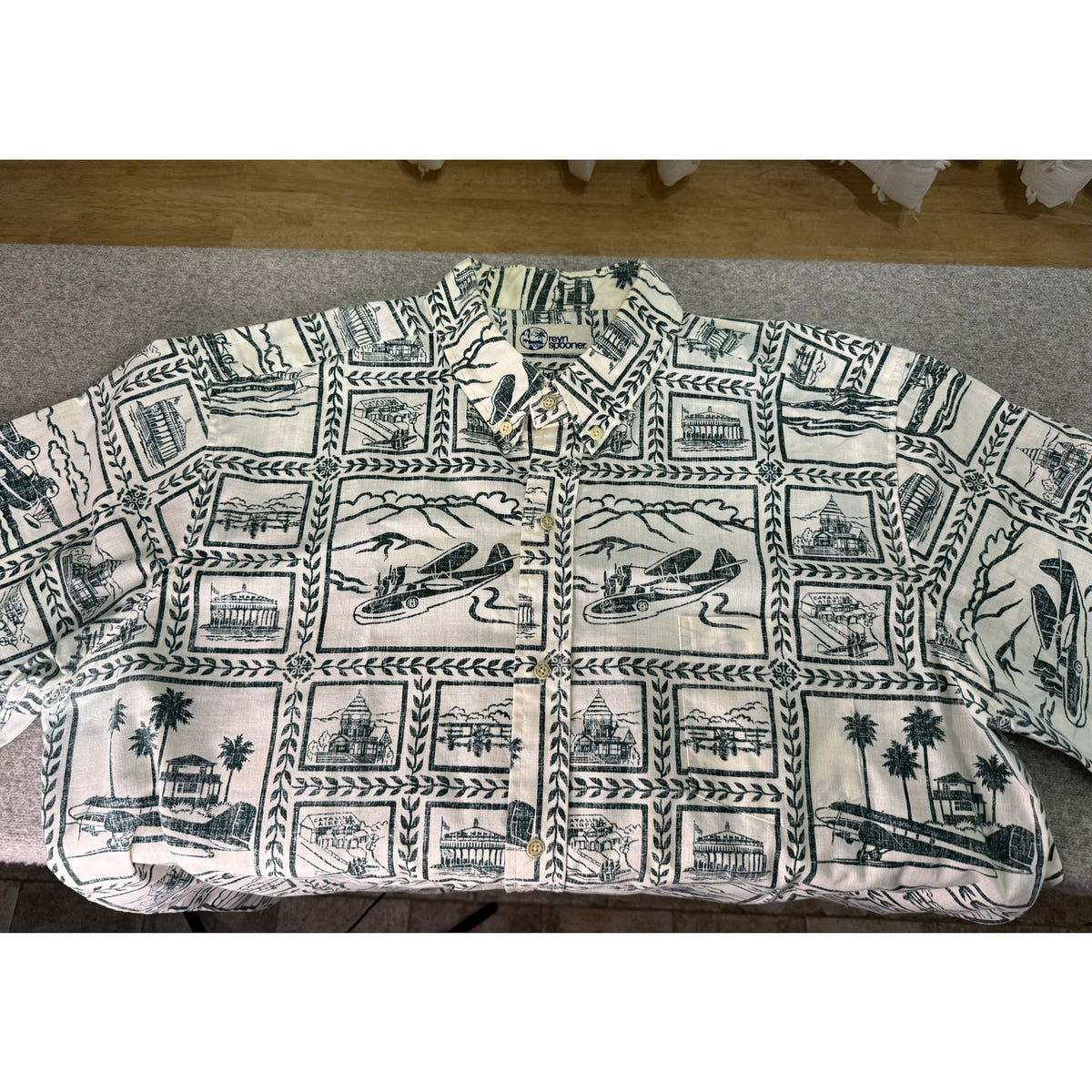 Reyn Spooner XXL Vintage Hawaiian Shirt Catalina Airport Seaplane Print Cotton
