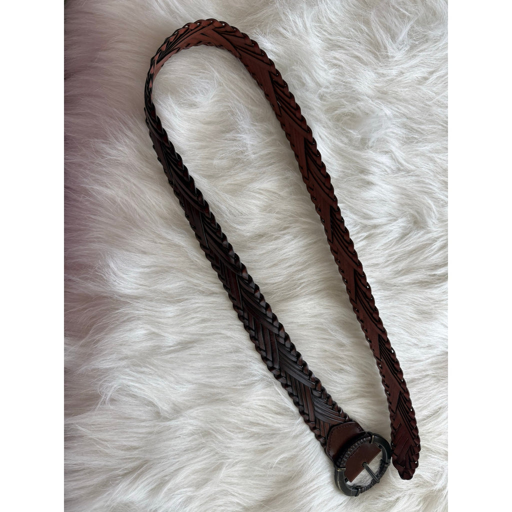 Vintage Y2K Boho Espresso Brown Herringbone Braided Genuine Leather Belt S/M