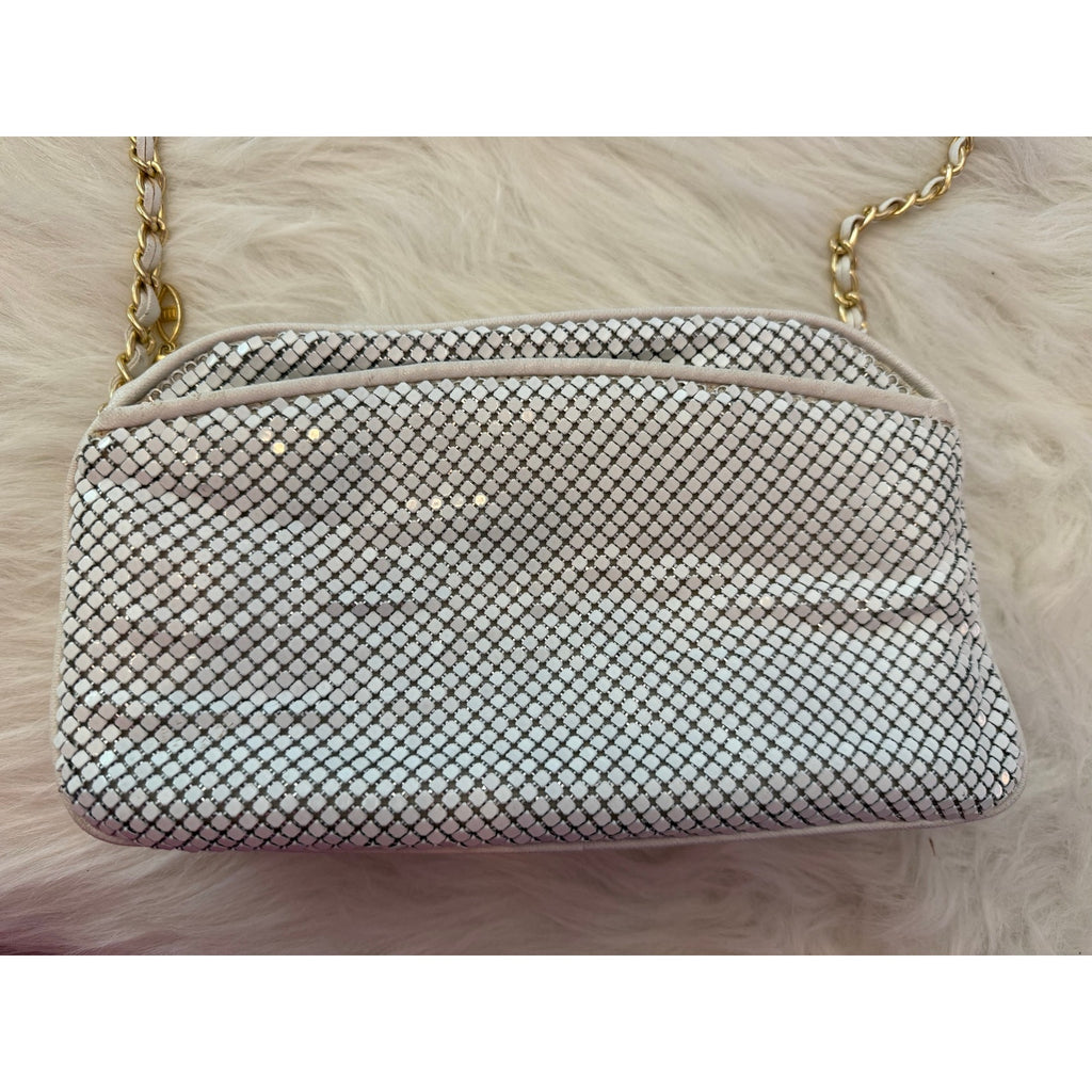 Vintage 80s 90s White Metal Mesh Crossbody Bag Gold Interwoven Chain Evening