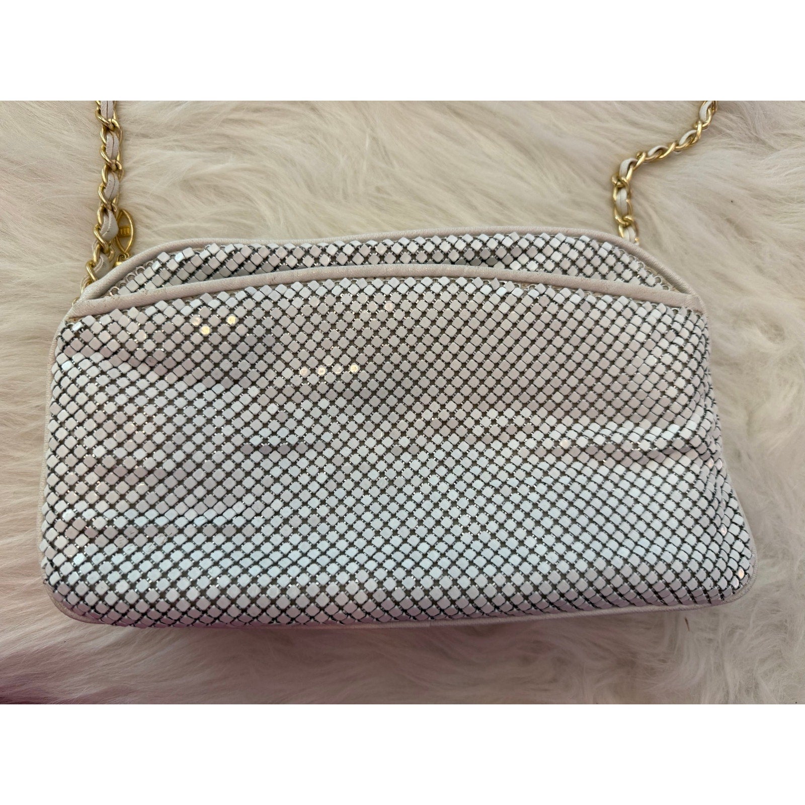 Vintage 80s 90s White Metal Mesh Crossbody Bag Gold Interwoven Chain Evening