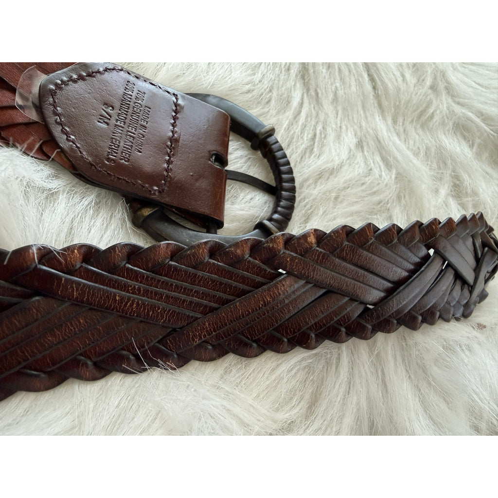 Vintage Y2K Boho Espresso Brown Herringbone Braided Genuine Leather Belt S/M