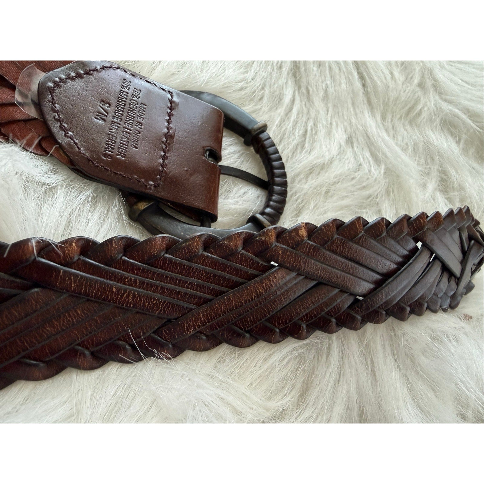 Vintage Y2K Boho Espresso Brown Herringbone Braided Genuine Leather Belt S/M