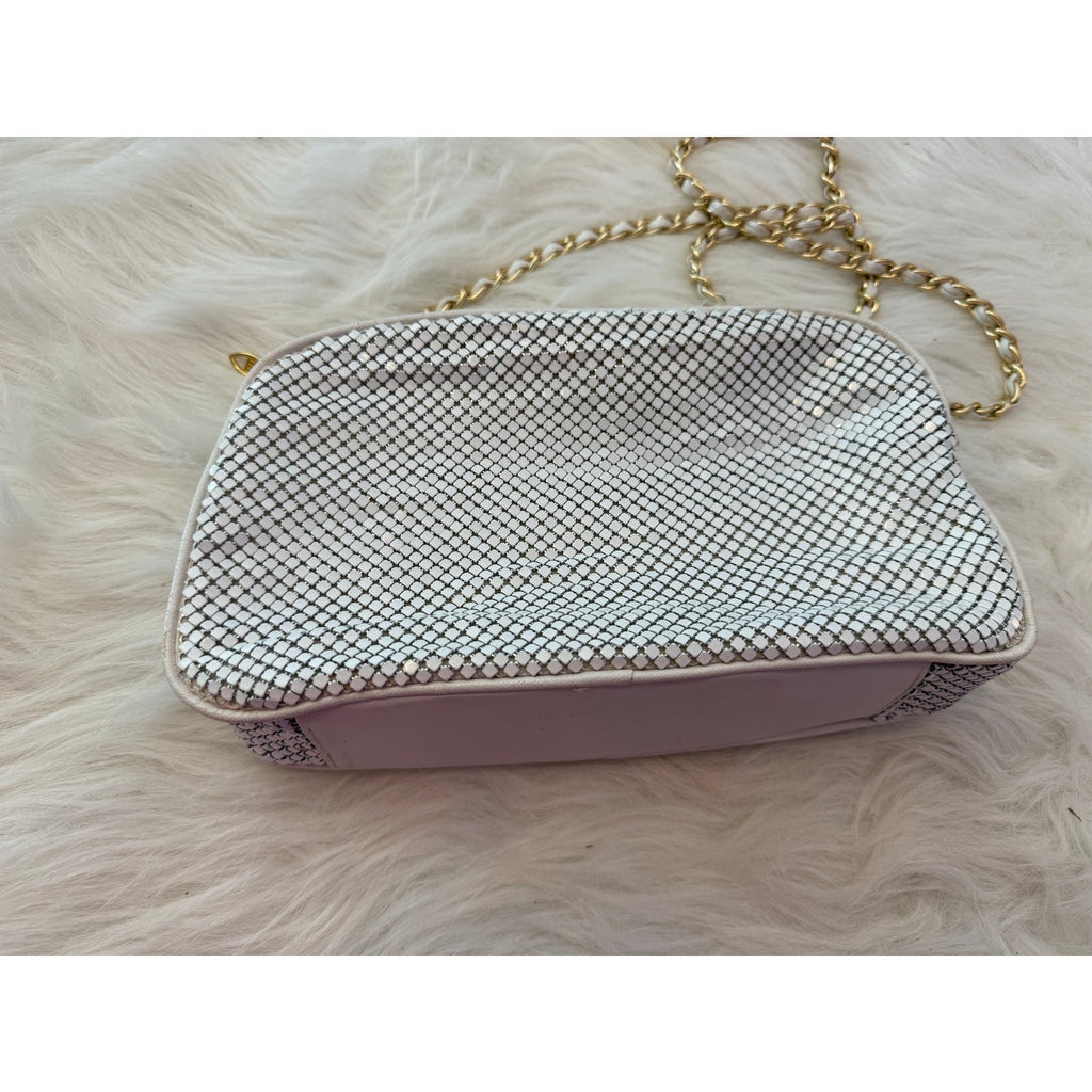 Vintage 80s 90s White Metal Mesh Crossbody Bag Gold Interwoven Chain Evening