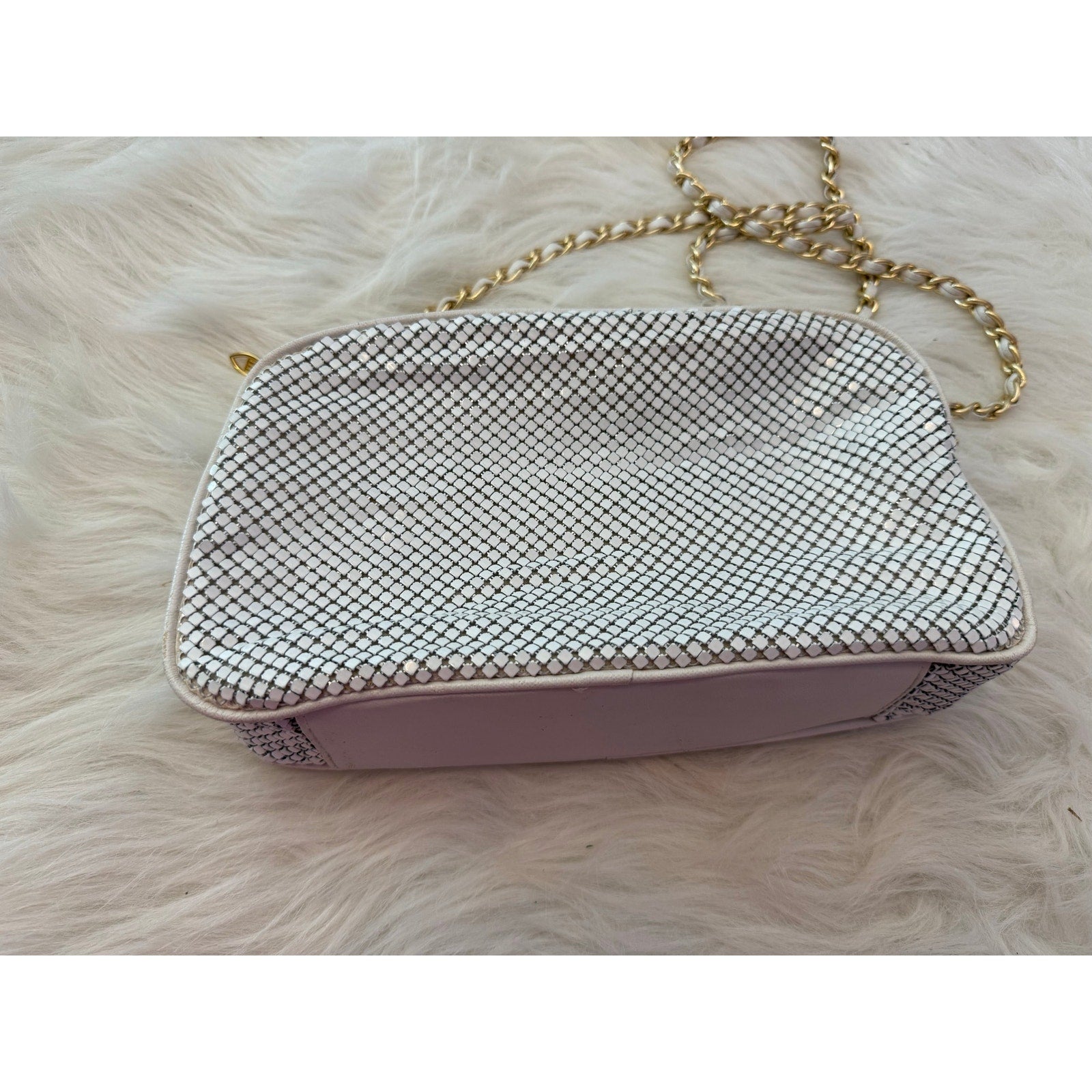 Vintage 80s 90s White Metal Mesh Crossbody Bag Gold Interwoven Chain Evening