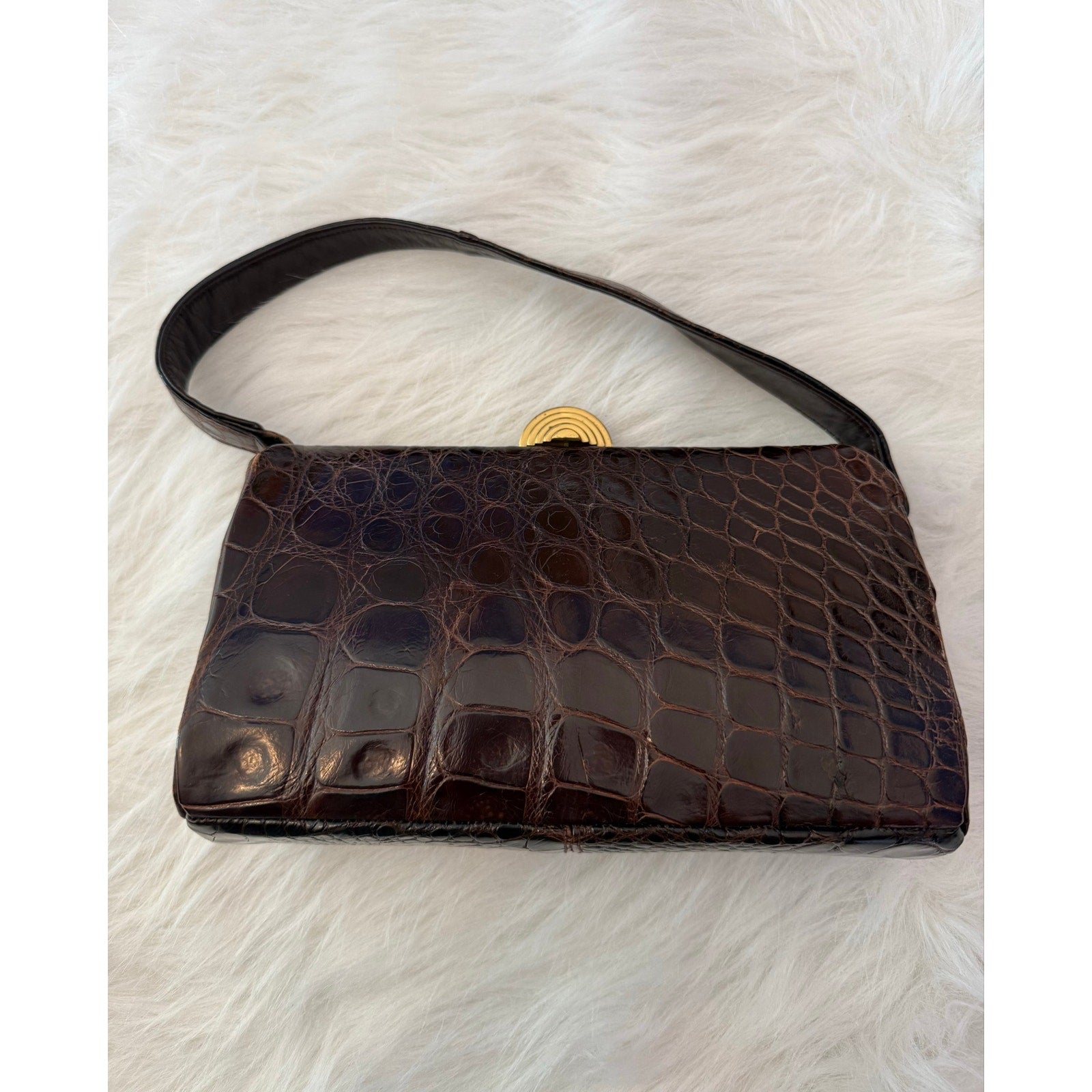 Vintage 1960s Genuine Alligator/Croc Handbag Structured Mid Century Brown Purse