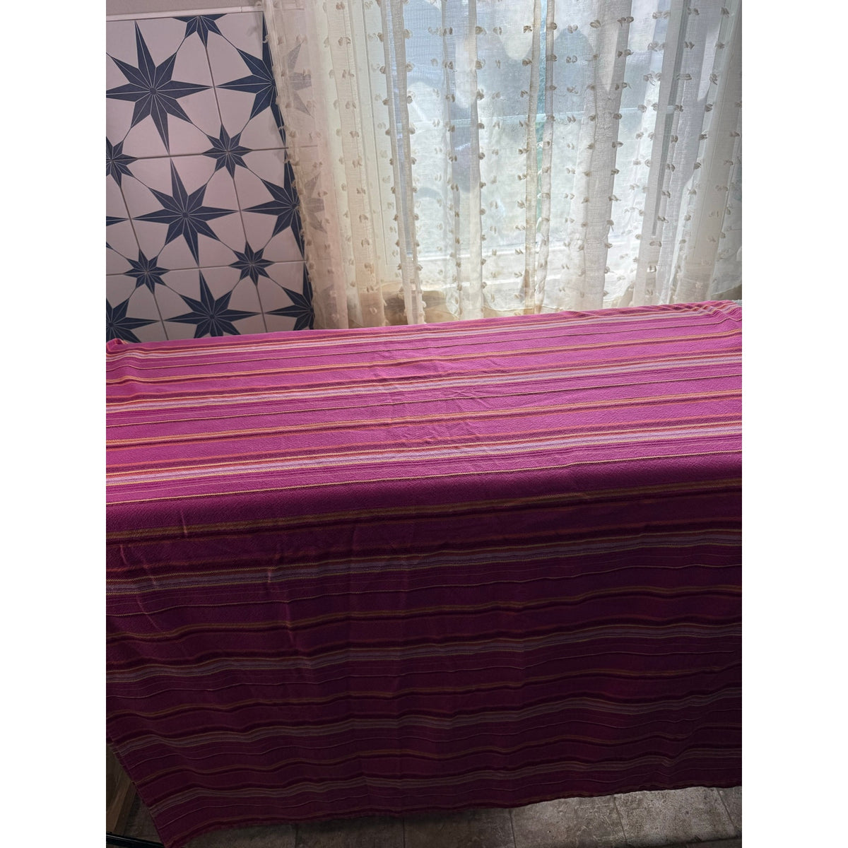 Vintage Pink Striped 100% Cotton Woven Tablecloth Made in India Decor