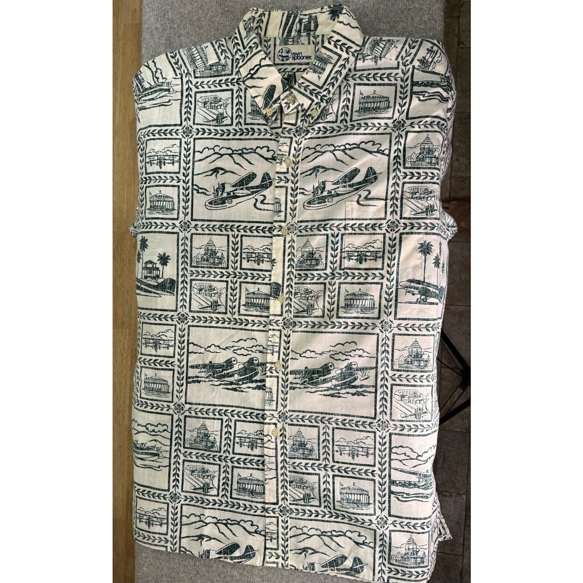 Reyn Spooner XXL Vintage Hawaiian Shirt Catalina Airport Seaplane Print Cotton