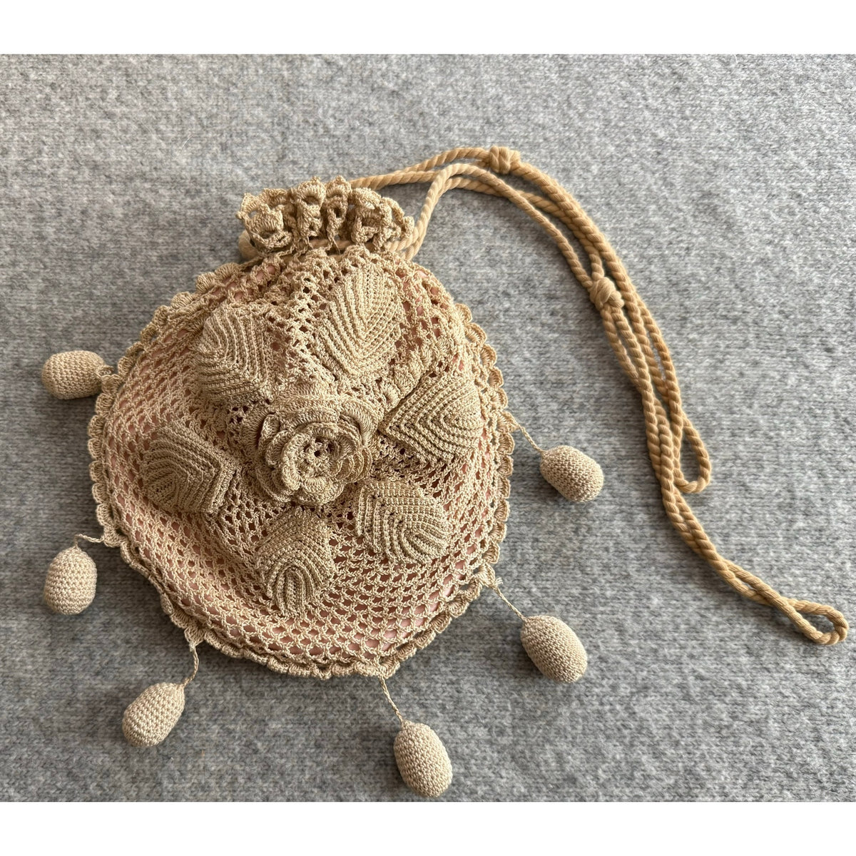 Handmade Irish Crochet Rose Doily Reticule Drawstring Bag Cottagecore Lace Purse