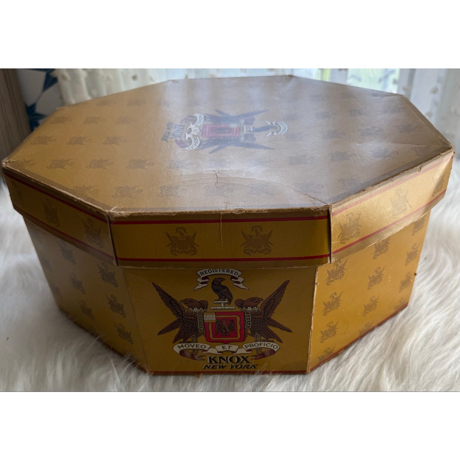 Vintage 1950s Knox NY Octagonal Hat Box Gold Cardboard Mid Century Prop Insert