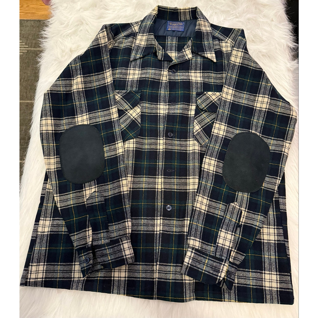 Vintage Pendleton Dress Gordon Tartan Wool Flannel Shirt with Elbow Patches