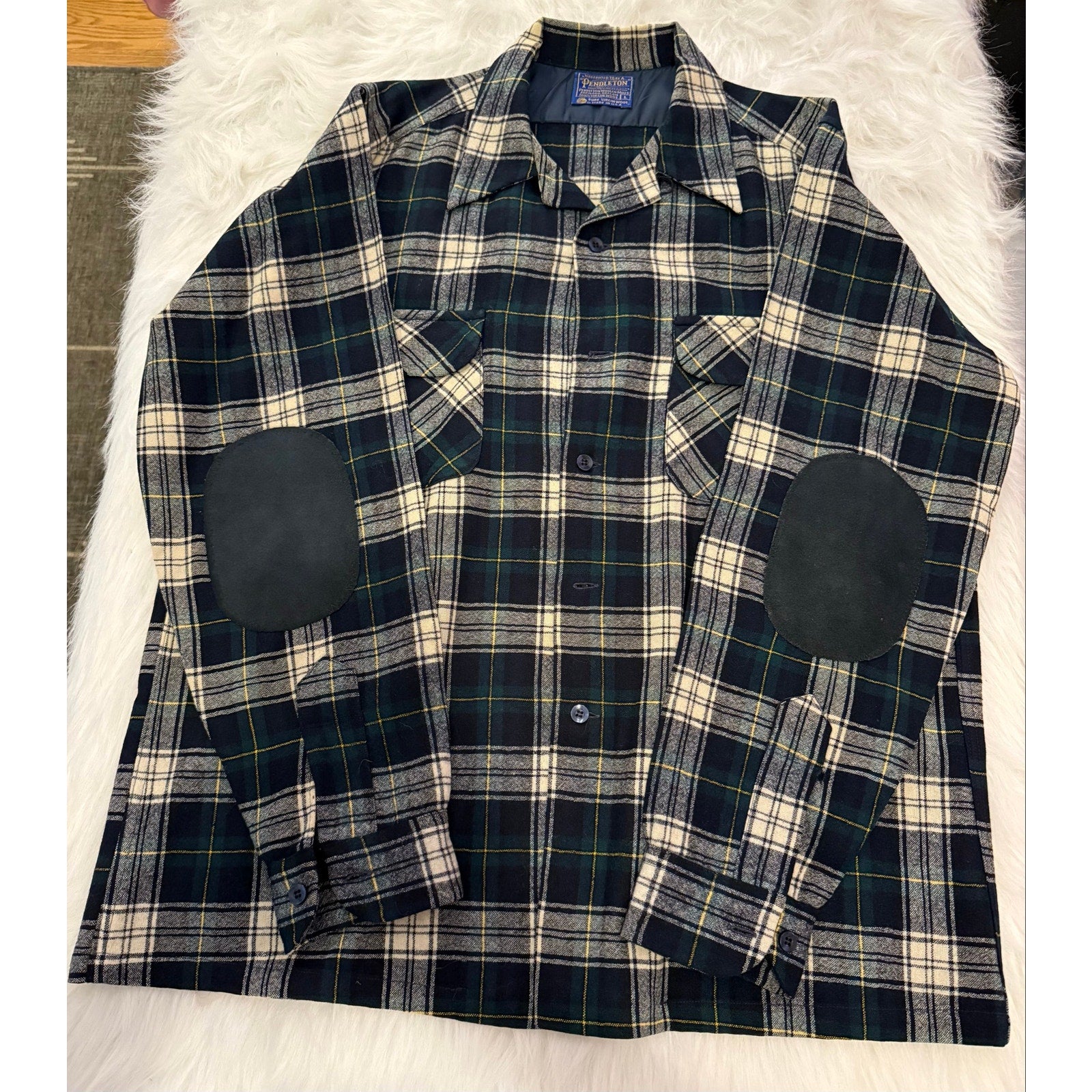Vintage Pendleton Dress Gordon Tartan Wool Flannel Shirt with Elbow Patches