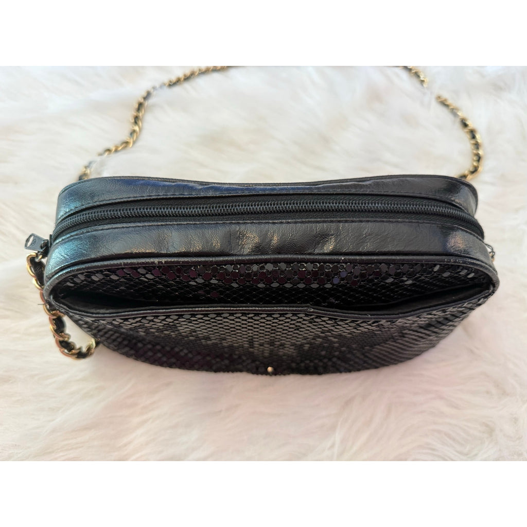Vintage 80s 90s Black Metal Mesh Crossbody Bag Gold Interwoven Chain Evening