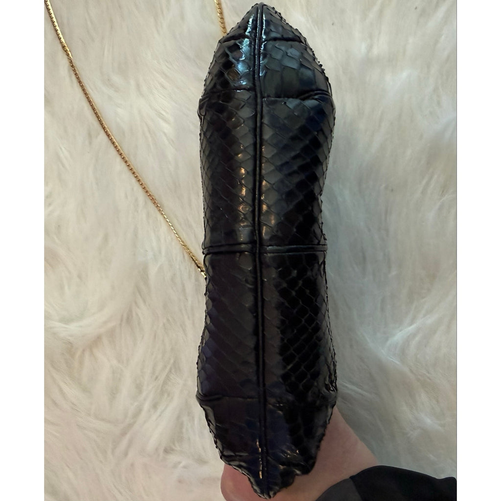 Vintage Judith Leiber Black Snakeskin Frame Clutch Bag 80s Evening Crossbody