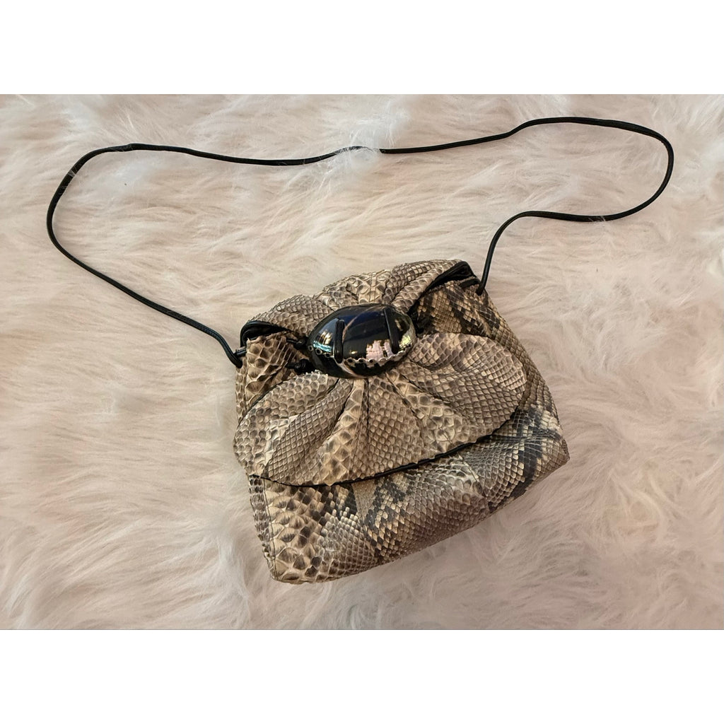 1980s Meyers USA Exotic Python Snakeskin Pouch Bag w/ Abalone Shell Statement