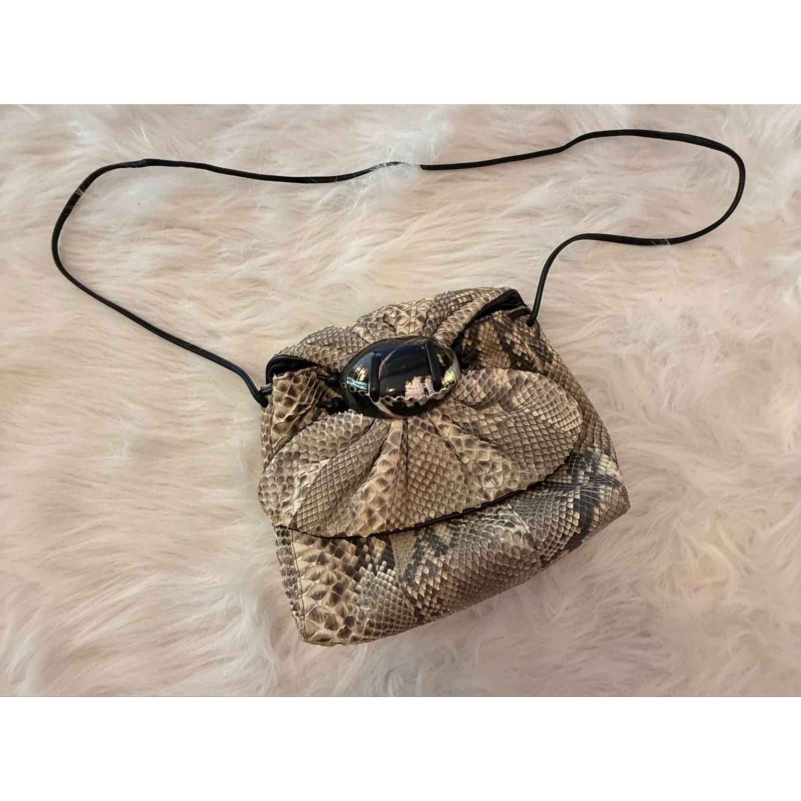 1980s Meyers USA Exotic Python Snakeskin Pouch Bag w/ Abalone Shell Statement