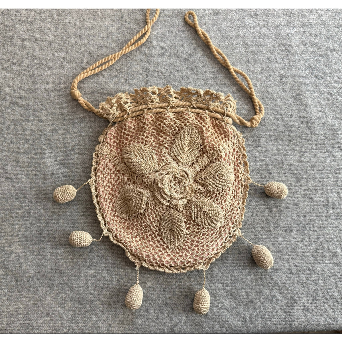 Handmade Irish Crochet Rose Doily Reticule Drawstring Bag Cottagecore Lace Purse
