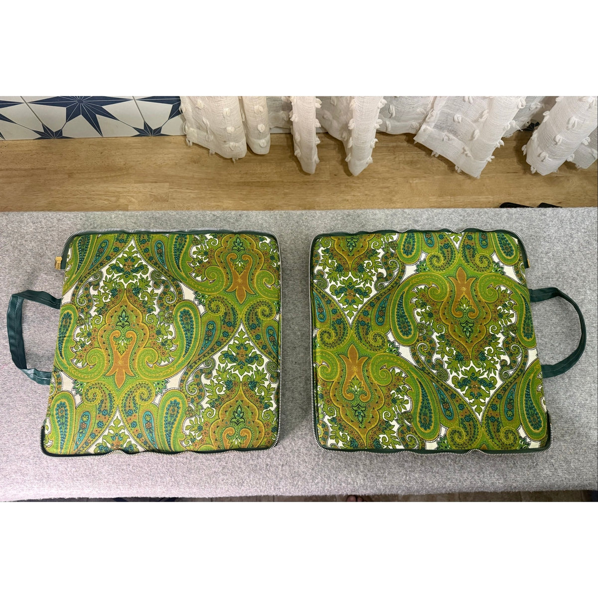 Vintage Green Vinyl and Paisley Zip Cushion Set