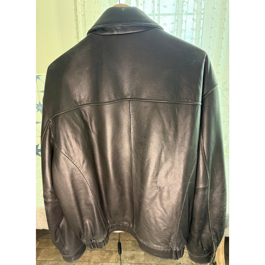 Kirkland Signature Vintage Black Leather Bomber Jacket 50 Chest Mens Flight Coat