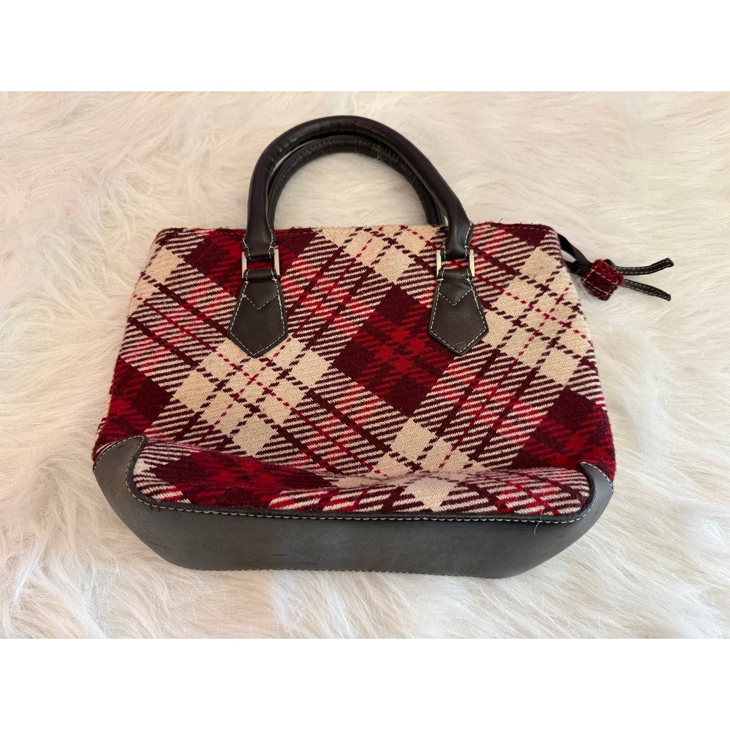 Vintage Red Burgundy Plaid Tartan Satchel Top Handle Handbag Purse