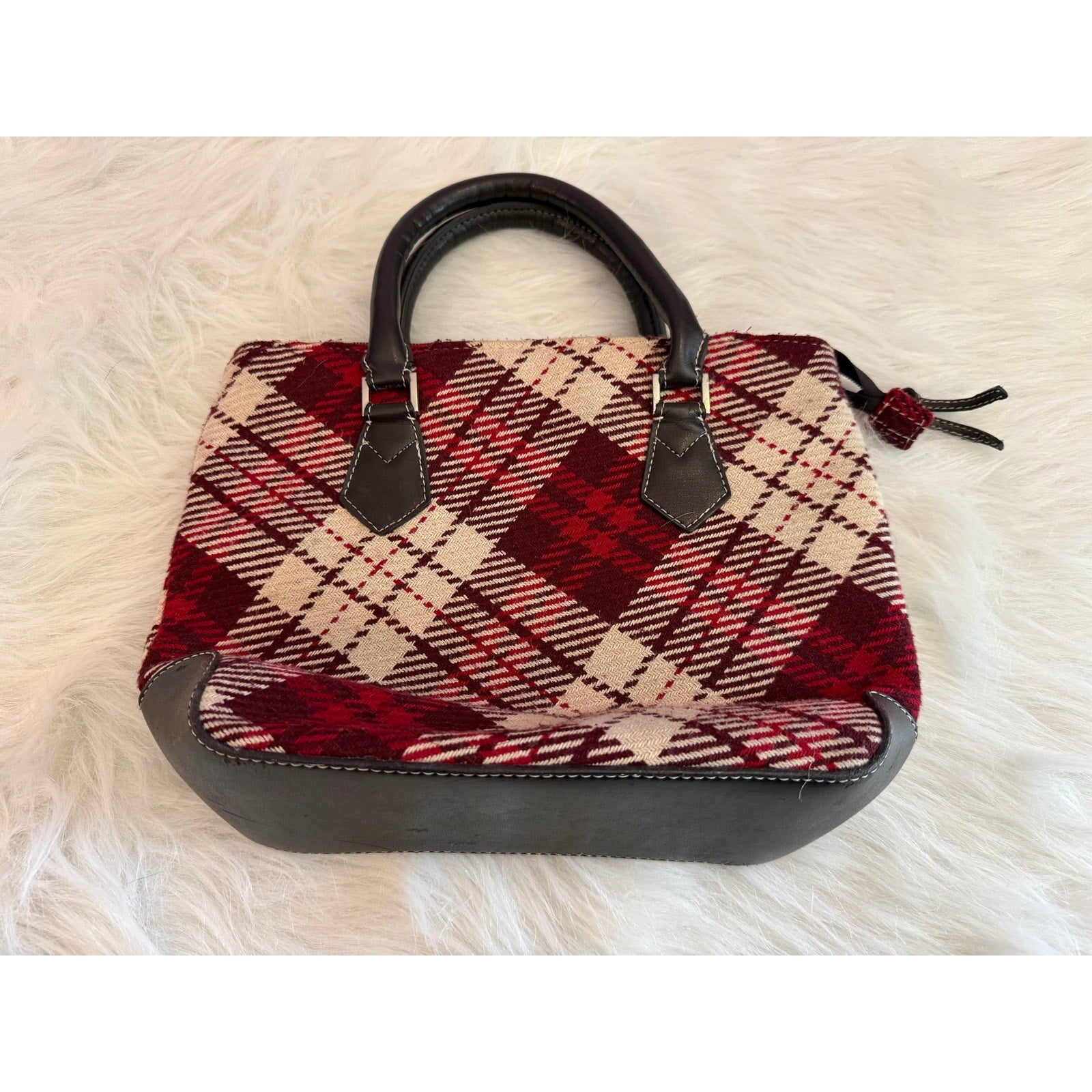 Vintage Red Burgundy Plaid Tartan Satchel Top Handle Handbag Purse