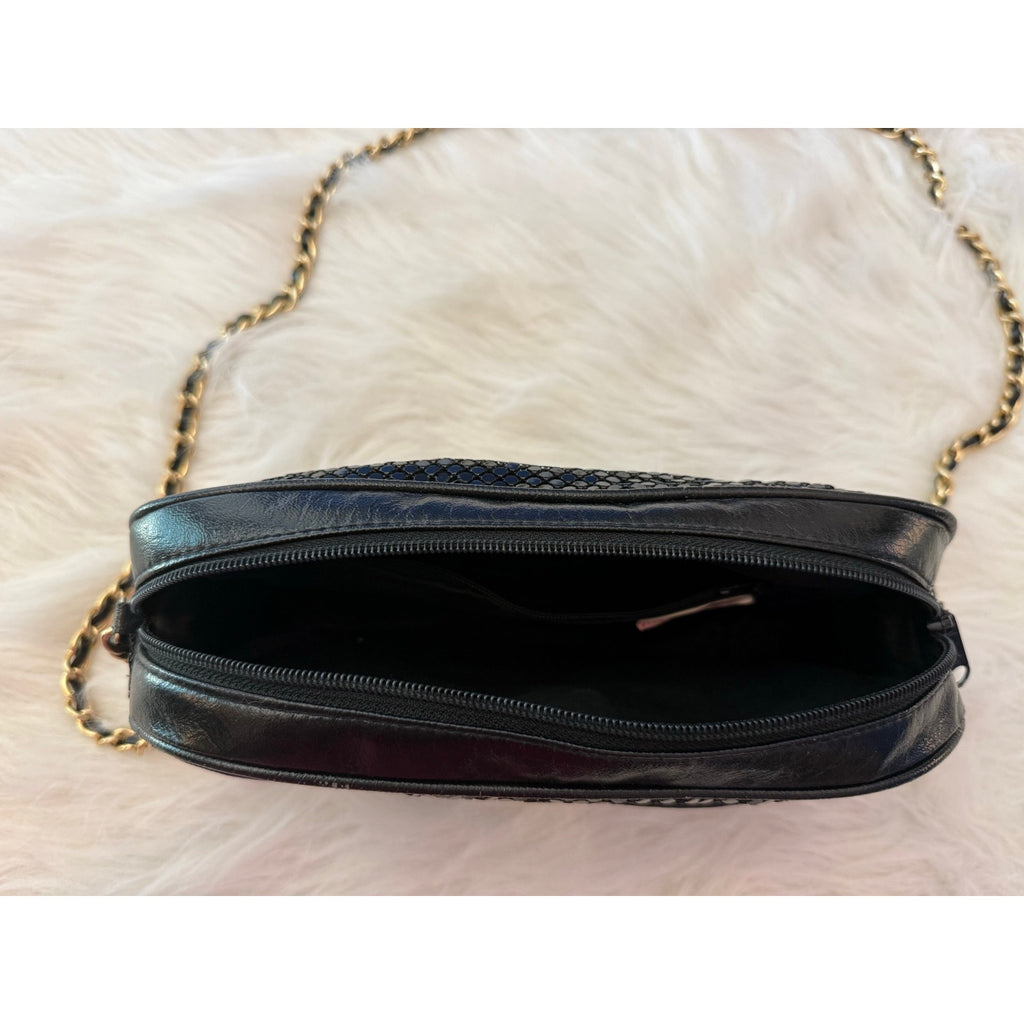Vintage 80s 90s Black Metal Mesh Crossbody Bag Gold Interwoven Chain Evening