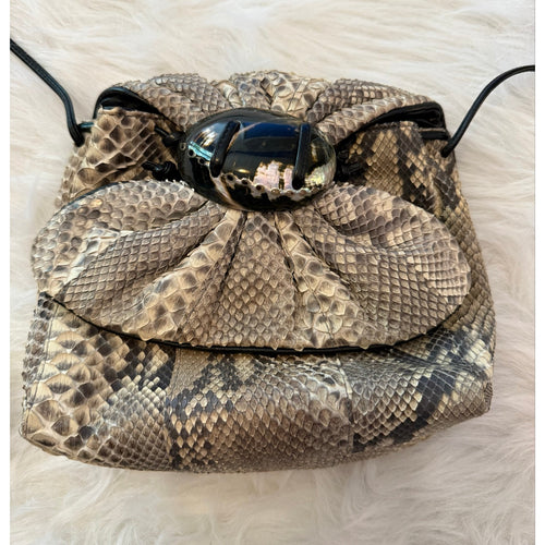 1980s Meyers USA Exotic Python Snakeskin Pouch Bag w/ Abalone Shell Statement