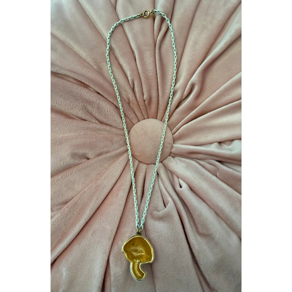 Vintage 1970s Signed Monet White Enamel Mushroom Pendant Necklace