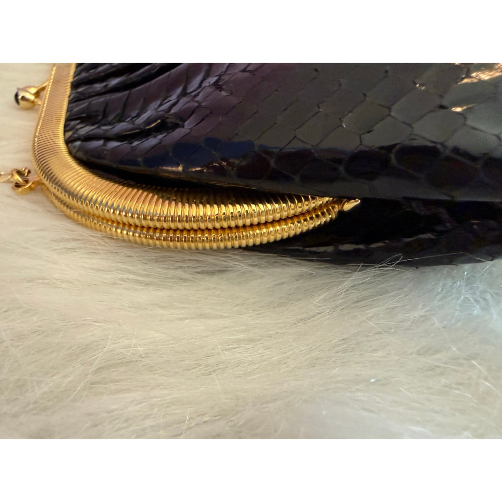 Vintage Judith Leiber Black Snakeskin Frame Clutch Bag 80s Evening Crossbody