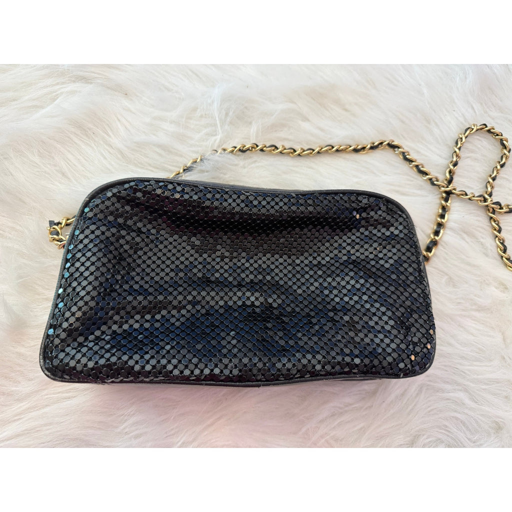 Vintage 80s 90s Black Metal Mesh Crossbody Bag Gold Interwoven Chain Evening