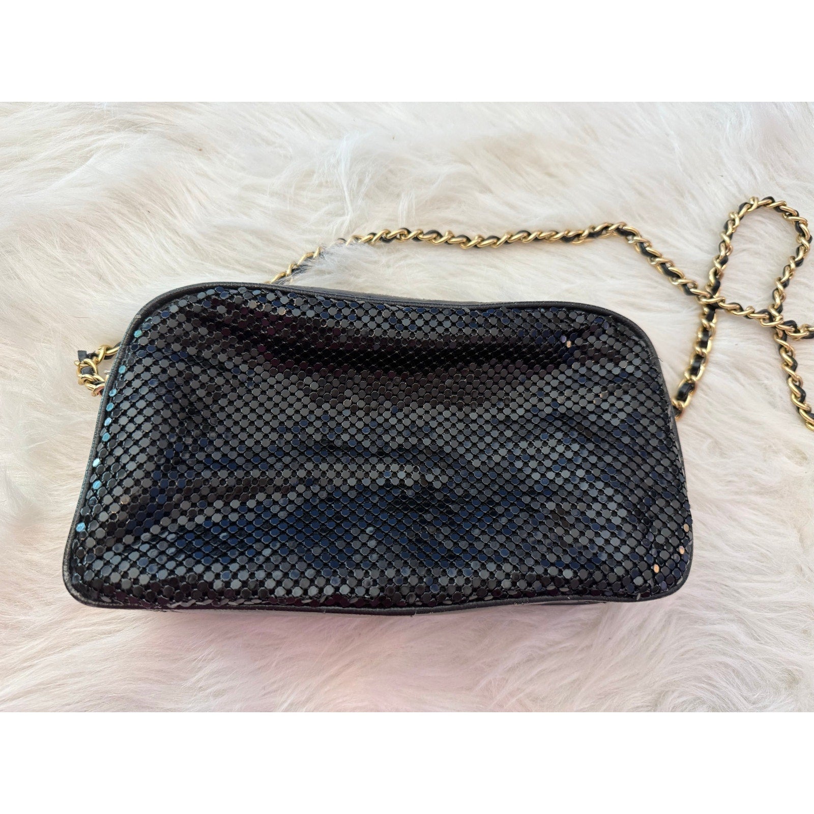 Vintage 80s 90s Black Metal Mesh Crossbody Bag Gold Interwoven Chain Evening