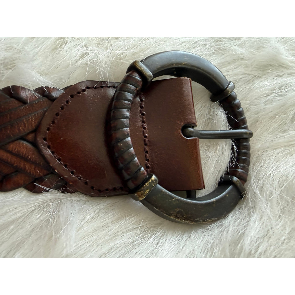 Vintage Y2K Boho Espresso Brown Herringbone Braided Genuine Leather Belt S/M