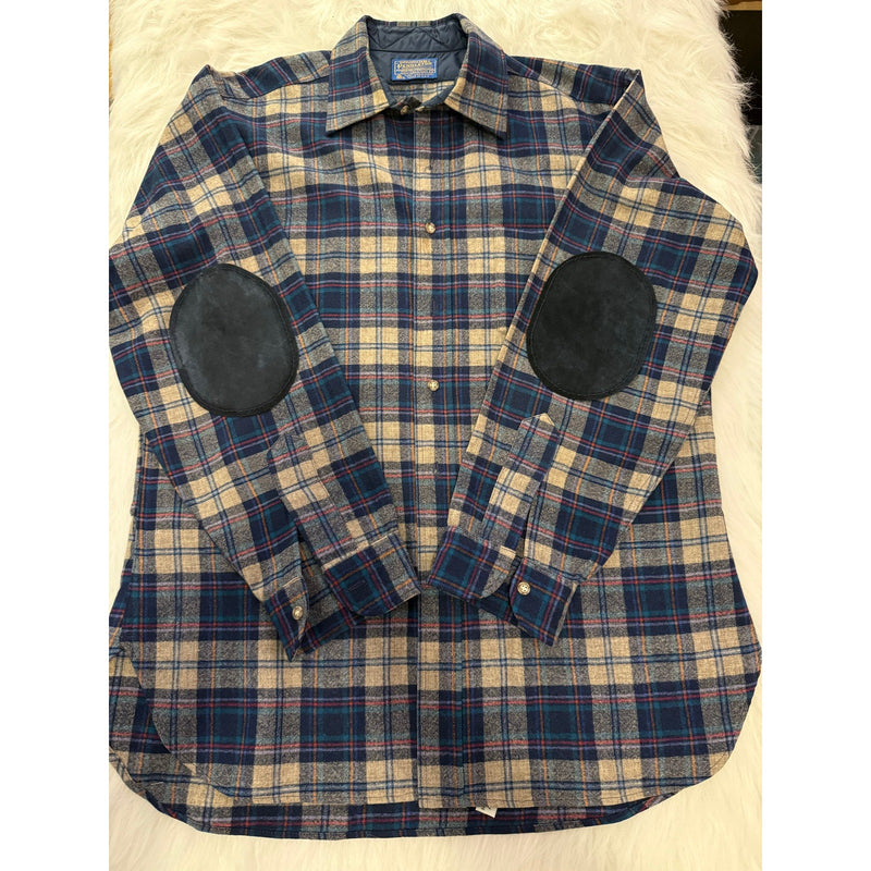 Vintage 1970s Pendleton Woolen Mills Plaid Flannel Shirt with Elbow Patches L