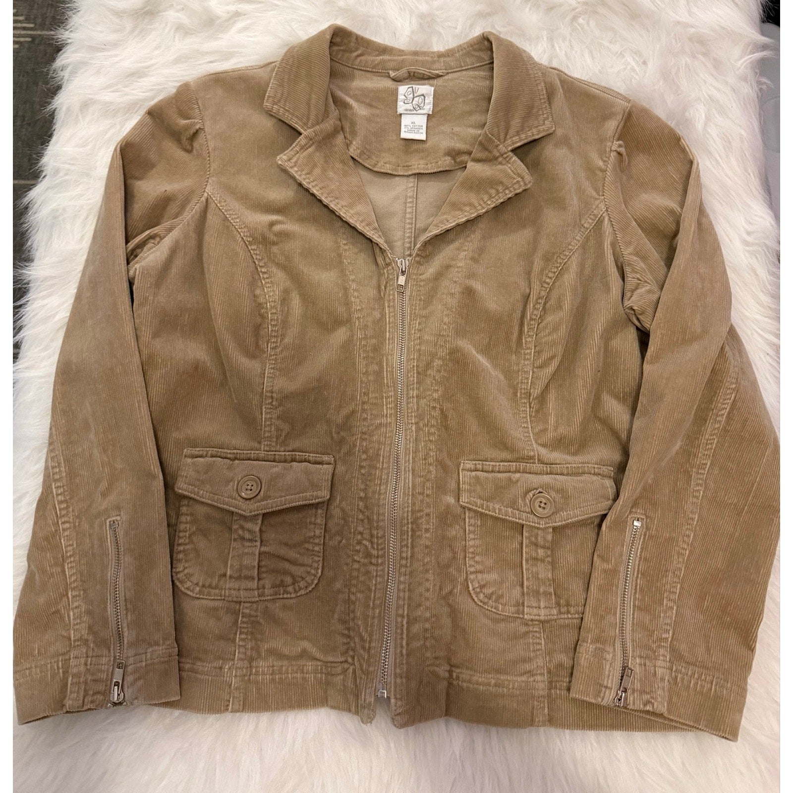 Vintage Y2K Fashion Bug Corduroy Zip Up Jacket Tan Beige Ribbed Coat XL