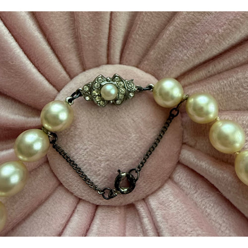 Vintage 1950s Cream Faux Pearl Hand Knotted Matinee Necklace Art Deco Clasp 26"