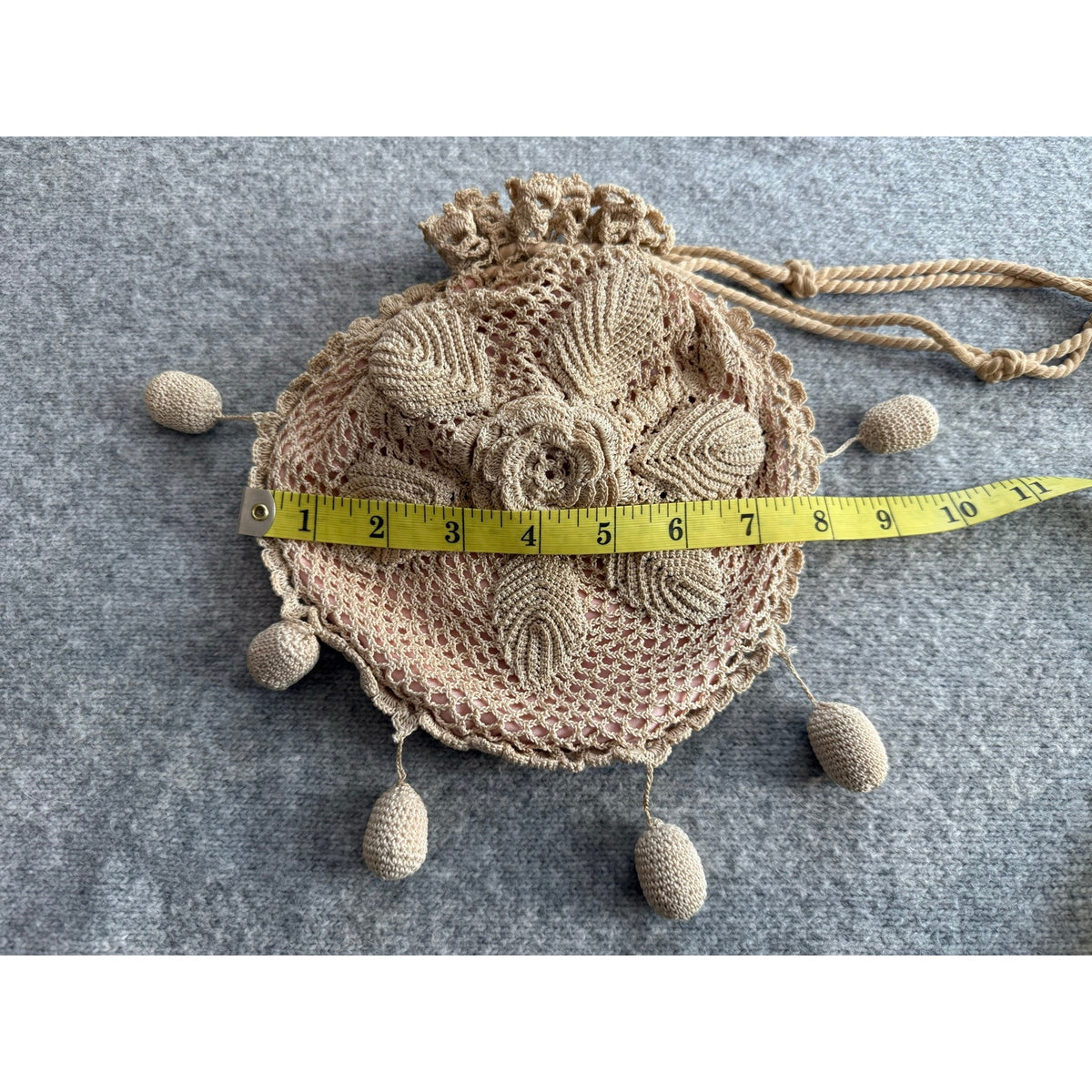 Handmade Irish Crochet Rose Doily Reticule Drawstring Bag Cottagecore Lace Purse