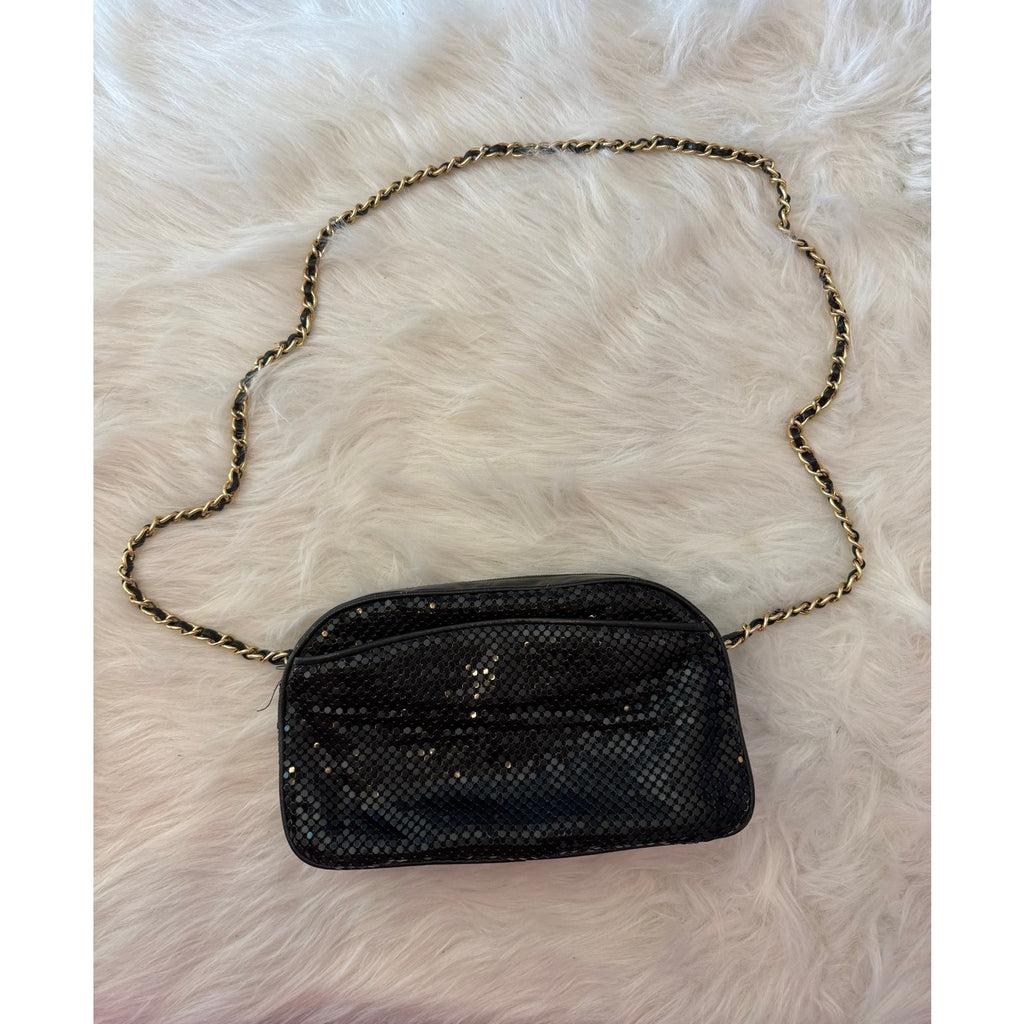 Vintage 80s 90s Black Metal Mesh Crossbody Bag Gold Interwoven Chain Evening