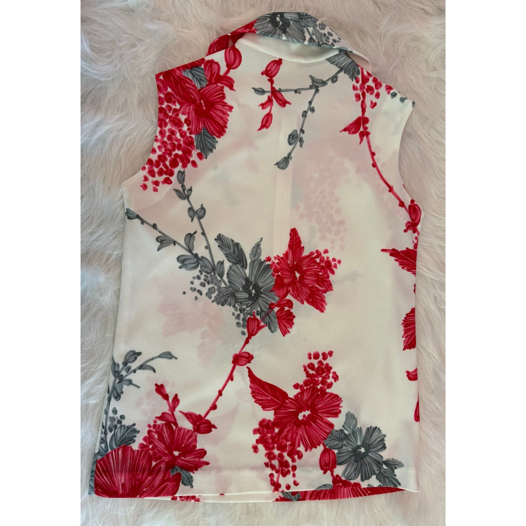 Vtg 70s Floral Half Zip Front Top Dagger Collar Polyester Sleeveless Blouse