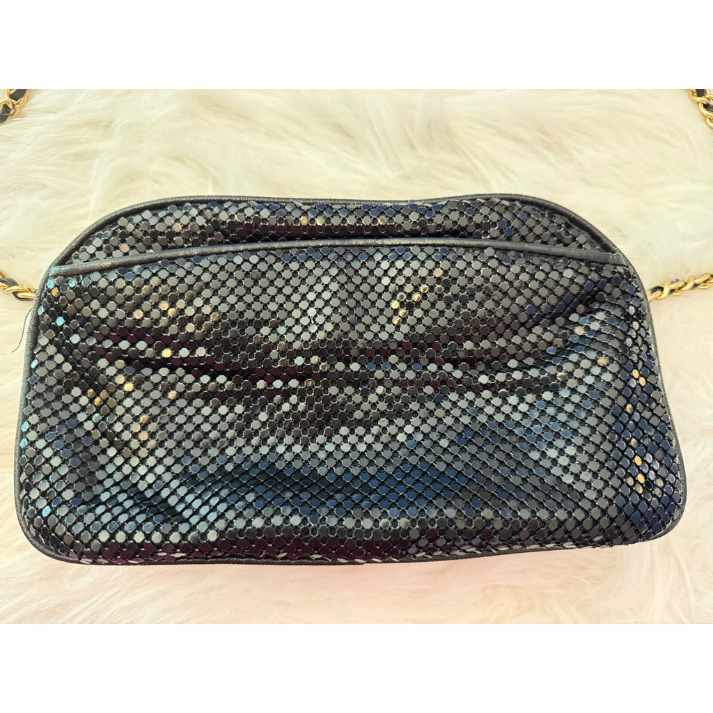 Vintage 80s 90s Black Metal Mesh Crossbody Bag Gold Interwoven Chain Evening
