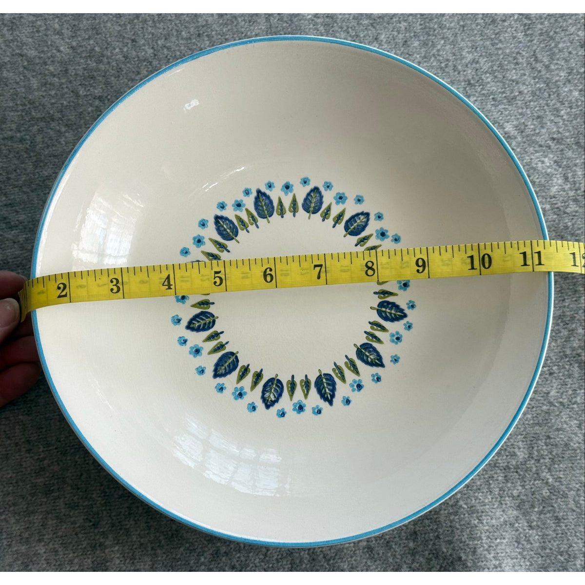 Vintage Hand Decorated USA Pottery Serving Bowl Plate Set Blue Leaf Floral Craft