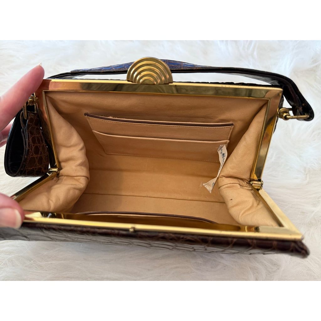 Vintage 1960s Genuine Alligator/Croc Handbag Structured Mid Century Brown Purse