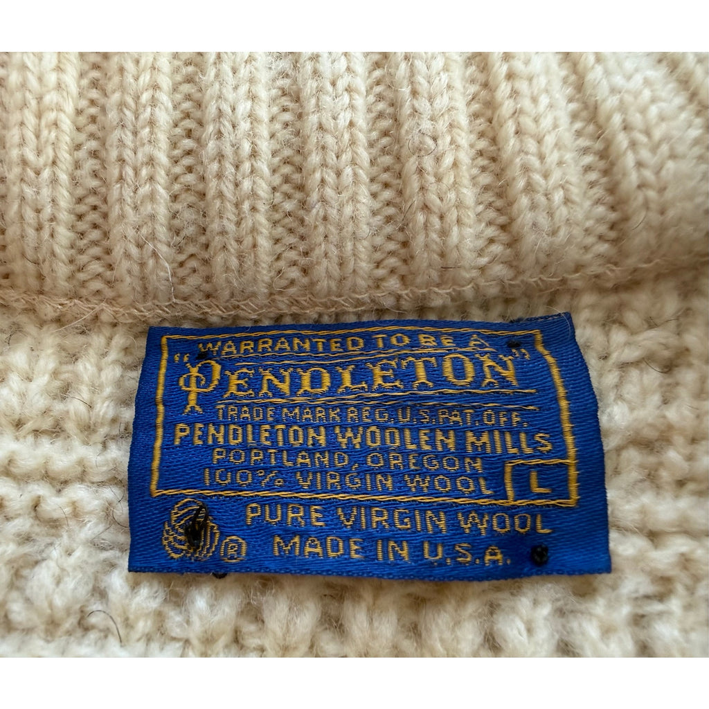 VTG Pendleton Wool Sweater Mens L Cream Fisherman Cable Knit V Neck USA