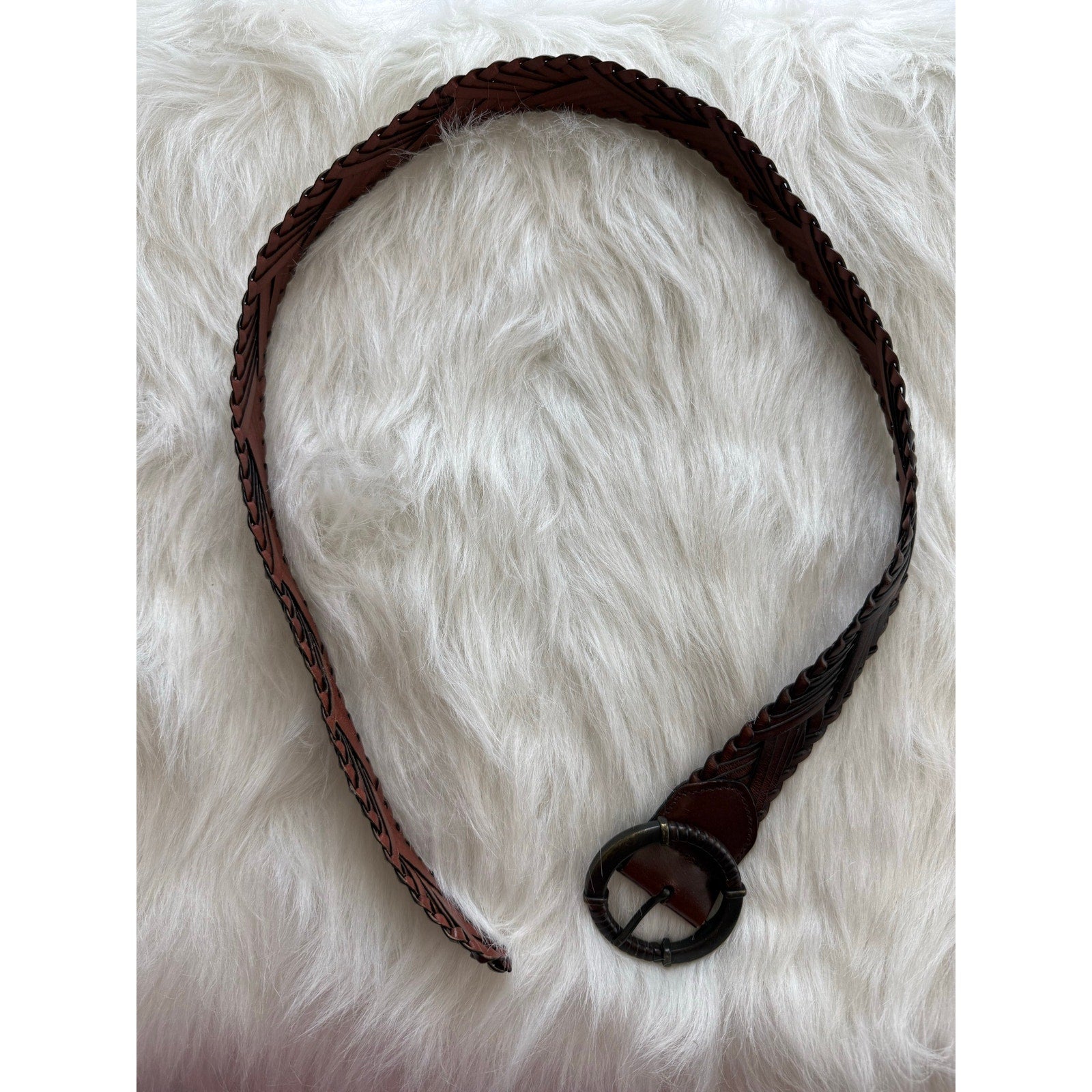 Vintage Y2K Boho Espresso Brown Herringbone Braided Genuine Leather Belt S/M