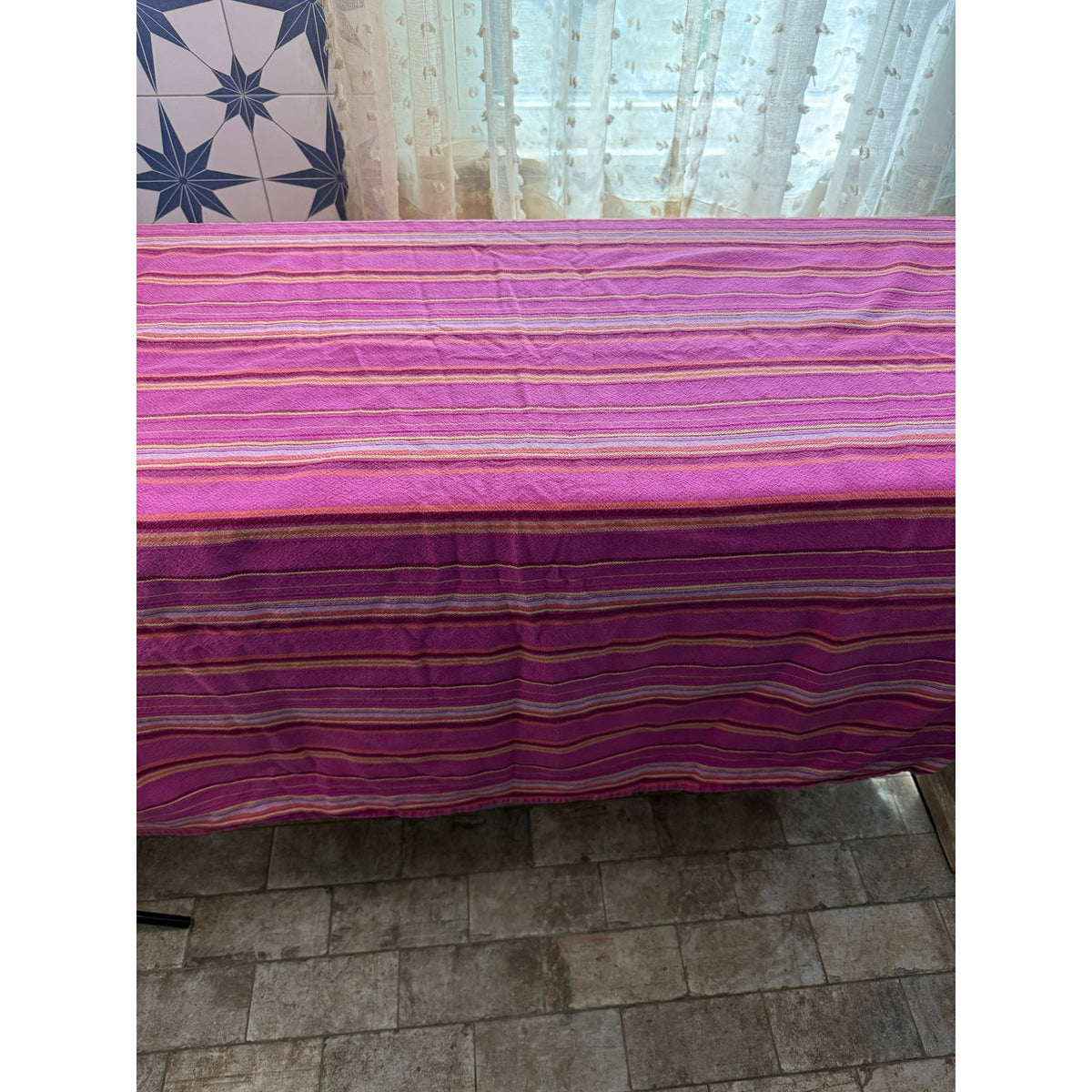 Vintage Pink Striped 100% Cotton Woven Tablecloth Made in India Decor