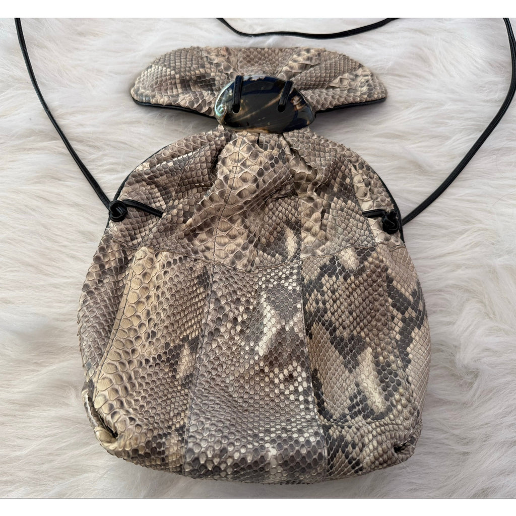 1980s Meyers USA Exotic Python Snakeskin Pouch Bag w/ Abalone Shell Statement