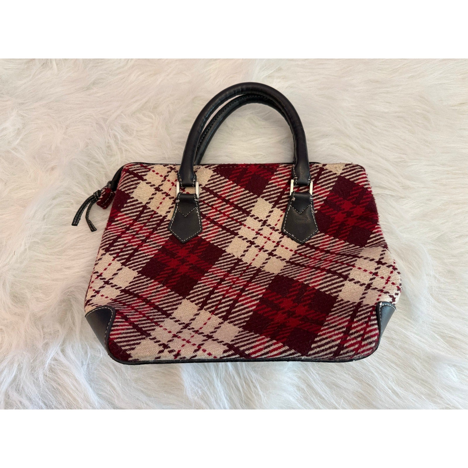 Vintage Red Burgundy Plaid Tartan Satchel Top Handle Handbag Purse