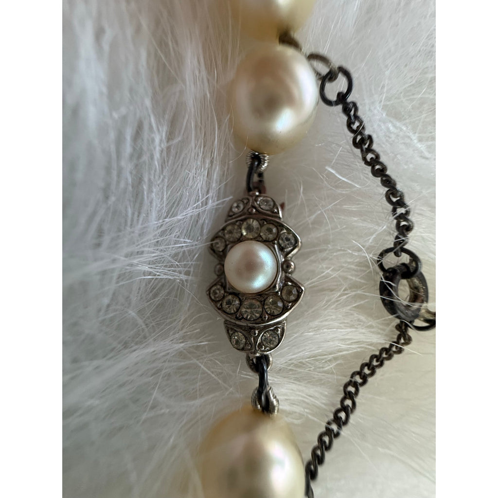 Vintage 1950s Cream Faux Pearl Hand Knotted Matinee Necklace Art Deco Clasp 26"