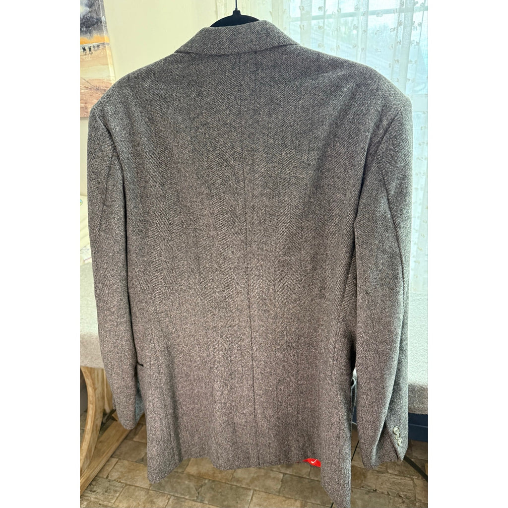 Vintage 44 Gray Herringbone Tweed Jacket Bold Red Art Lining Victor the Tailor