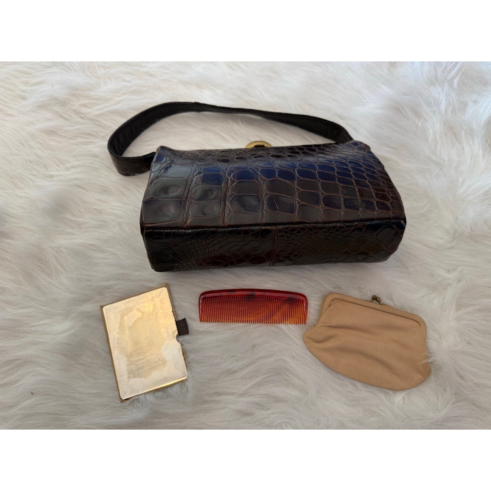 Vintage 1960s Genuine Alligator/Croc Handbag Structured Mid Century Brown Purse