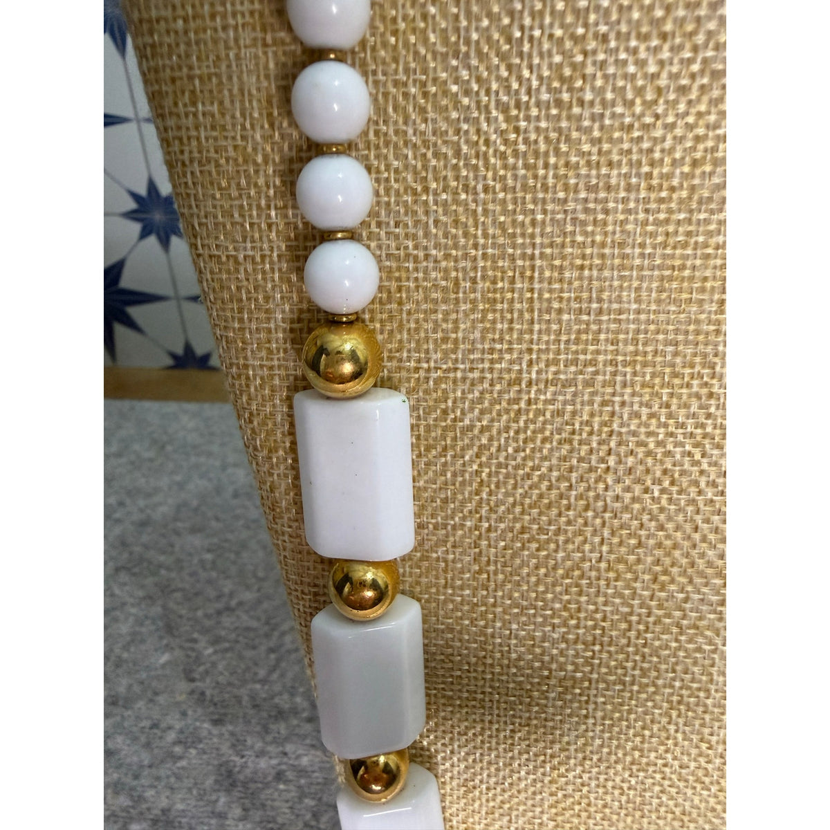 Vintage Napier Signed White and Gold Tone Beaded Strand Necklace 30