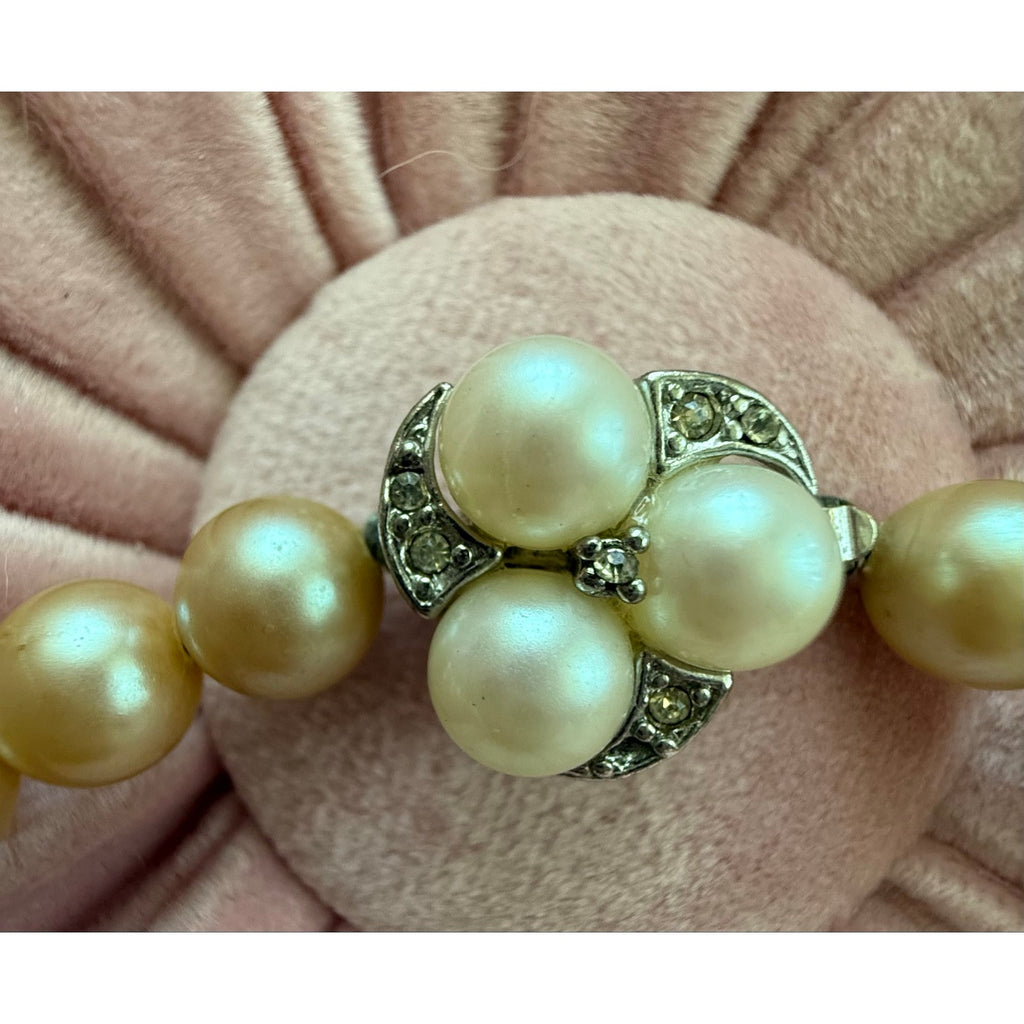 Vintage 1950s Hand-Knotted Faux Pearl Opera Necklace Ornate Rhinestone Clasp